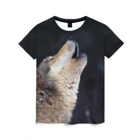 Женская футболка 3D с принтом Вой серого волка в Петрозаводске, 100% полиэфир ( синтетическое хлопкоподобное полотно) | прямой крой, круглый вырез горловины, длина до линии бедер | серый