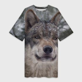Платье-футболка 3D с принтом Серый волк в Петрозаводске,  |  | бирюк | волк | волчара | волчица | волчок | глаза | животное | животные | зверь | зеленые | койот | лес | млекопитающее | природа | санитар леса | серый | уши | фауна | хищник | черный | шакал