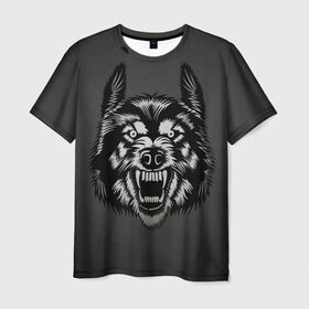 Мужская футболка 3D с принтом Злой оскал волка в Петрозаводске, 100% полиэфир | прямой крой, круглый вырез горловины, длина до линии бедер | аука | бирюк | волк | волчара | волчица | волчок | глаза | животное | животные | зверь | койот | млекопитающее | оскал | санитар леса | силуэт | татуировка | трафарет | уши | хищник | черный | шакал