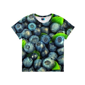 Детская футболка 3D с принтом Голубика в Петрозаводске, 100% гипоаллергенный полиэфир | прямой крой, круглый вырез горловины, длина до линии бедер, чуть спущенное плечо, ткань немного тянется | blueberry | голубика | черника | ягоды