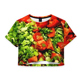 Женская футболка 3D укороченная с принтом Салатик в Петрозаводске, 100% полиэстер | круглая горловина, длина футболки до линии талии, рукава с отворотами | Тематика изображения на принте: зеленый | красный | нарезка | овощи | яркий