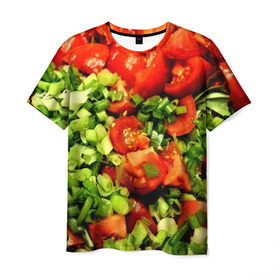 Мужская футболка 3D с принтом Салатик в Петрозаводске, 100% полиэфир | прямой крой, круглый вырез горловины, длина до линии бедер | Тематика изображения на принте: зеленый | красный | нарезка | овощи | яркий