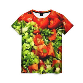 Женская футболка 3D с принтом Салатик в Петрозаводске, 100% полиэфир ( синтетическое хлопкоподобное полотно) | прямой крой, круглый вырез горловины, длина до линии бедер | Тематика изображения на принте: зеленый | красный | нарезка | овощи | яркий