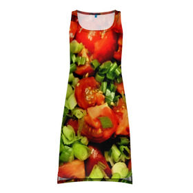 Платье-майка 3D с принтом Салатик в Петрозаводске, 100% полиэстер | полуприлегающий силуэт, широкие бретели, круглый вырез горловины, удлиненный подол сзади. | Тематика изображения на принте: зеленый | красный | нарезка | овощи | яркий