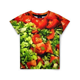 Детская футболка 3D с принтом Салатик в Петрозаводске, 100% гипоаллергенный полиэфир | прямой крой, круглый вырез горловины, длина до линии бедер, чуть спущенное плечо, ткань немного тянется | зеленый | красный | нарезка | овощи | яркий