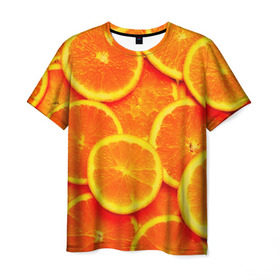 Мужская футболка 3D с принтом Сочные апельсины в Петрозаводске, 100% полиэфир | прямой крой, круглый вырез горловины, длина до линии бедер | апельсин | летние | сочные | цитрус | яркие
