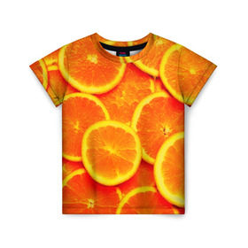 Детская футболка 3D с принтом Сочные апельсины в Петрозаводске, 100% гипоаллергенный полиэфир | прямой крой, круглый вырез горловины, длина до линии бедер, чуть спущенное плечо, ткань немного тянется | апельсин | летние | сочные | цитрус | яркие