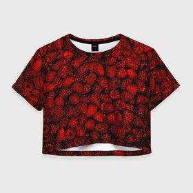 Женская футболка 3D укороченная с принтом Малинки в Петрозаводске, 100% полиэстер | круглая горловина, длина футболки до линии талии, рукава с отворотами | малиновый | паттерн | темный | ягоды