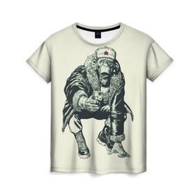 Женская футболка 3D с принтом Обезьяна с пистолетом в Петрозаводске, 100% полиэфир ( синтетическое хлопкоподобное полотно) | прямой крой, круглый вырез горловины, длина до линии бедер | звезда | пистолет | шапка | шимпанзе