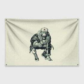 Флаг-баннер с принтом Обезьяна с пистолетом в Петрозаводске, 100% полиэстер | размер 67 х 109 см, плотность ткани — 95 г/м2; по краям флага есть четыре люверса для крепления | звезда | пистолет | шапка | шимпанзе