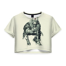 Женская футболка 3D укороченная с принтом Обезьяна с пистолетом в Петрозаводске, 100% полиэстер | круглая горловина, длина футболки до линии талии, рукава с отворотами | звезда | пистолет | шапка | шимпанзе