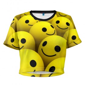 Женская футболка 3D укороченная с принтом Счастливые смайлики в Петрозаводске, 100% полиэстер | круглая горловина, длина футболки до линии талии, рукава с отворотами | no problems | smile | без проблем | весёлый | довольный | оптимизм | позитив | позитивный | радость | смайлики | смех | счастливый | счастье | улыбаться | улыбка | хорошее настроение