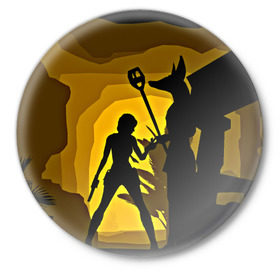 Значок с принтом Tomb Raider в Петрозаводске,  металл | круглая форма, металлическая застежка в виде булавки | желтый | лара крофт | черный