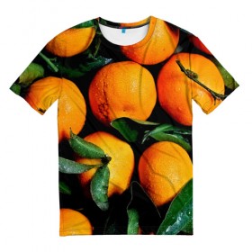 Мужская футболка 3D с принтом Мандаринчики в Петрозаводске, 100% полиэфир | прямой крой, круглый вырез горловины, длина до линии бедер | зелень | оранжевый | цитрус | яркий