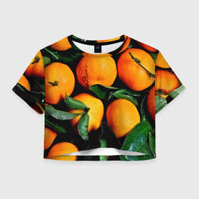 Женская футболка 3D укороченная с принтом Мандаринчики в Петрозаводске, 100% полиэстер | круглая горловина, длина футболки до линии талии, рукава с отворотами | зелень | оранжевый | цитрус | яркий