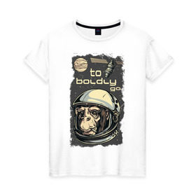 Женская футболка хлопок с принтом Обезьяна космонавт в Петрозаводске, 100% хлопок | прямой крой, круглый вырез горловины, длина до линии бедер, слегка спущенное плечо | космонавт | космос | обезьяна | шимпанзе
