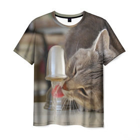 Мужская футболка 3D с принтом Кот пьющий воду из под крана в Петрозаводске, 100% полиэфир | прямой крой, круглый вырез горловины, длина до линии бедер | Тематика изображения на принте: 