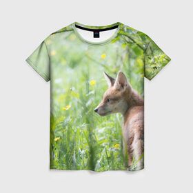 Женская футболка 3D с принтом Лисенок в Петрозаводске, 100% полиэфир ( синтетическое хлопкоподобное полотно) | прямой крой, круглый вырез горловины, длина до линии бедер | fox | животное | зверь | красивая | лес | лис | лиса | лисенок | лисица | лисичка | природа | рыжая | рыжий цвет | хвост | хитрая | хищник