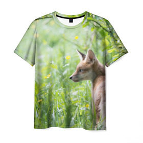 Мужская футболка 3D с принтом Лисенок в Петрозаводске, 100% полиэфир | прямой крой, круглый вырез горловины, длина до линии бедер | fox | животное | зверь | красивая | лес | лис | лиса | лисенок | лисица | лисичка | природа | рыжая | рыжий цвет | хвост | хитрая | хищник