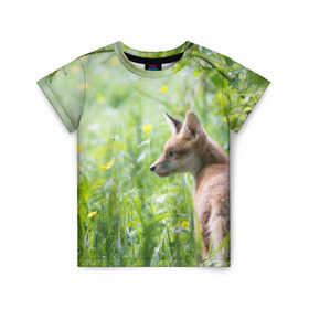 Детская футболка 3D с принтом Лисенок в Петрозаводске, 100% гипоаллергенный полиэфир | прямой крой, круглый вырез горловины, длина до линии бедер, чуть спущенное плечо, ткань немного тянется | fox | животное | зверь | красивая | лес | лис | лиса | лисенок | лисица | лисичка | природа | рыжая | рыжий цвет | хвост | хитрая | хищник