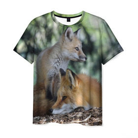 Мужская футболка 3D с принтом Лиса и лесенок в Петрозаводске, 100% полиэфир | прямой крой, круглый вырез горловины, длина до линии бедер | fox | животное | зверь | красивая | лес | лис | лиса | лисенок | лисица | лисичка | мех | патрикеевна | песец | плутовка | прикольная | природа | рыжая | рыжий цвет | сказка | хвост | хитрая | хищник