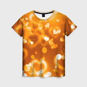 Женская футболка 3D с принтом Сердечки в золоте в Петрозаводске, 100% полиэфир ( синтетическое хлопкоподобное полотно) | прямой крой, круглый вырез горловины, длина до линии бедер | желтый | золотое | сердечки | яркий