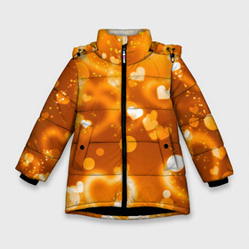 Зимняя куртка для девочек 3D с принтом Сердечки в золоте в Петрозаводске, ткань верха — 100% полиэстер; подклад — 100% полиэстер, утеплитель — 100% полиэстер. | длина ниже бедра, удлиненная спинка, воротник стойка и отстегивающийся капюшон. Есть боковые карманы с листочкой на кнопках, утяжки по низу изделия и внутренний карман на молнии. 

Предусмотрены светоотражающий принт на спинке, радужный светоотражающий элемент на пуллере молнии и на резинке для утяжки. | Тематика изображения на принте: желтый | золотое | сердечки | яркий
