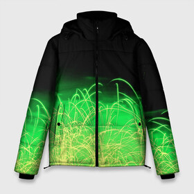 Мужская зимняя куртка 3D с принтом Зеленые искры в Петрозаводске, верх — 100% полиэстер; подкладка — 100% полиэстер; утеплитель — 100% полиэстер | длина ниже бедра, свободный силуэт Оверсайз. Есть воротник-стойка, отстегивающийся капюшон и ветрозащитная планка. 

Боковые карманы с листочкой на кнопках и внутренний карман на молнии. | 3d | абстракция | брызги | зеленый | искры | линии | полосы | прикольные | салют | свет | узоры | яркие