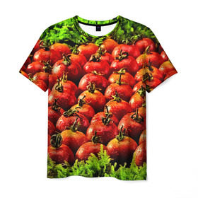 Мужская футболка 3D с принтом Томатик в Петрозаводске, 100% полиэфир | прямой крой, круглый вырез горловины, длина до линии бедер | 3d | еда | зелень | красный | лето | много | овощи | пища | помидор | прикольные | томат | яркие