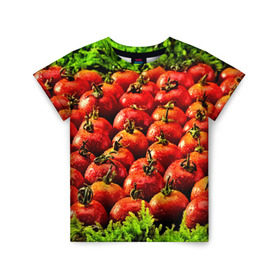 Детская футболка 3D с принтом Томатик в Петрозаводске, 100% гипоаллергенный полиэфир | прямой крой, круглый вырез горловины, длина до линии бедер, чуть спущенное плечо, ткань немного тянется | 3d | еда | зелень | красный | лето | много | овощи | пища | помидор | прикольные | томат | яркие