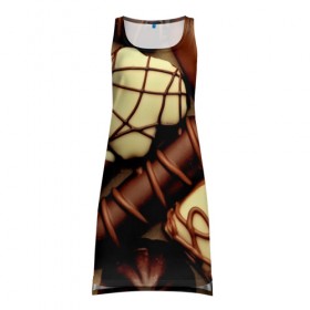 Платье-майка 3D с принтом Сладкие конфетки в Петрозаводске, 100% полиэстер | полуприлегающий силуэт, широкие бретели, круглый вырез горловины, удлиненный подол сзади. | 3d | десерт | еда | конфеты | много | пища | разные | сладкое | темный | фигуры | фон | форма | шоколад | яркие