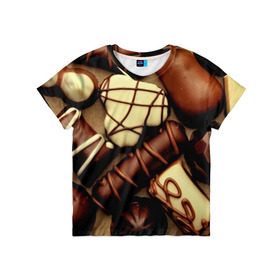 Детская футболка 3D с принтом Сладкие конфетки в Петрозаводске, 100% гипоаллергенный полиэфир | прямой крой, круглый вырез горловины, длина до линии бедер, чуть спущенное плечо, ткань немного тянется | 3d | десерт | еда | конфеты | много | пища | разные | сладкое | темный | фигуры | фон | форма | шоколад | яркие