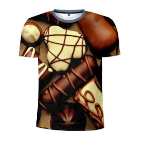 Мужская футболка 3D спортивная с принтом Сладкие конфетки в Петрозаводске, 100% полиэстер с улучшенными характеристиками | приталенный силуэт, круглая горловина, широкие плечи, сужается к линии бедра | Тематика изображения на принте: 3d | десерт | еда | конфеты | много | пища | разные | сладкое | темный | фигуры | фон | форма | шоколад | яркие
