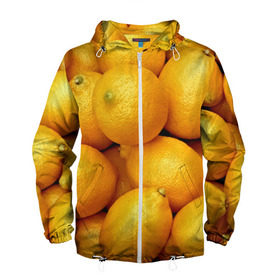 Мужская ветровка 3D с принтом Лимончики в Петрозаводске, 100% полиэстер | подол и капюшон оформлены резинкой с фиксаторами, два кармана без застежек по бокам, один потайной карман на груди | Тематика изображения на принте: 3d | витамин | еда | желтый | лето | лимон | много | пища | прикольные | сочные | фрукты | цитрус | яркие