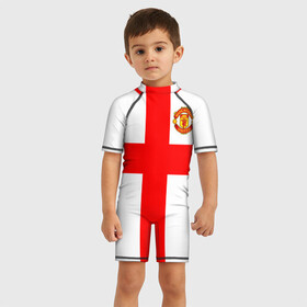 Детский купальный костюм 3D с принтом Manchester united в Петрозаводске, Полиэстер 85%, Спандекс 15% | застежка на молнии на спине | 3d | 3д | fc | manchester united | mu | англия | британия | игра | канониры | красные дьяволы | лондон | манчестер | мю | флаг | флаг британии | футбол | эмблема