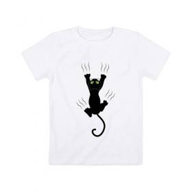 Детская футболка хлопок с принтом Кошка карабкается в Петрозаводске, 100% хлопок | круглый вырез горловины, полуприлегающий силуэт, длина до линии бедер | cat | арт | домашний питомец | когти | кот | кошка | прикольные | царапины
