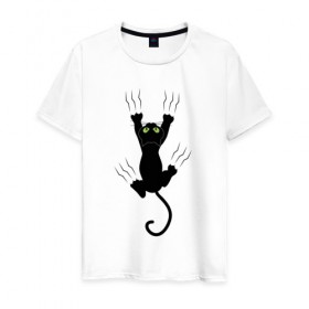Мужская футболка хлопок с принтом Кошка карабкается в Петрозаводске, 100% хлопок | прямой крой, круглый вырез горловины, длина до линии бедер, слегка спущенное плечо. | cat | арт | домашний питомец | когти | кот | кошка | прикольные | царапины