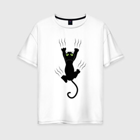 Женская футболка хлопок Oversize с принтом Кошка карабкается в Петрозаводске, 100% хлопок | свободный крой, круглый ворот, спущенный рукав, длина до линии бедер
 | cat | арт | домашний питомец | когти | кот | кошка | прикольные | царапины