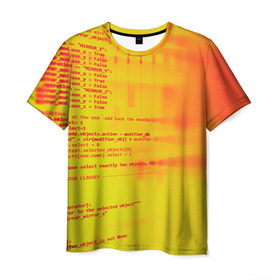 Мужская футболка 3D с принтом Компьютерный код в Петрозаводске, 100% полиэфир | прямой крой, круглый вырез горловины, длина до линии бедер | желтый | кибер | код | оранжевый | прога