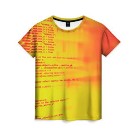 Женская футболка 3D с принтом Компьютерный код в Петрозаводске, 100% полиэфир ( синтетическое хлопкоподобное полотно) | прямой крой, круглый вырез горловины, длина до линии бедер | желтый | кибер | код | оранжевый | прога