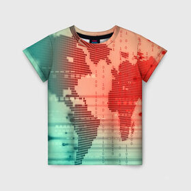 Детская футболка 3D с принтом Цифровой мир в Петрозаводске, 100% гипоаллергенный полиэфир | прямой крой, круглый вырез горловины, длина до линии бедер, чуть спущенное плечо, ткань немного тянется | зеленый | карта | кибер | красный