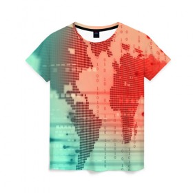 Женская футболка 3D с принтом Цифровой мир в Петрозаводске, 100% полиэфир ( синтетическое хлопкоподобное полотно) | прямой крой, круглый вырез горловины, длина до линии бедер | зеленый | карта | кибер | красный