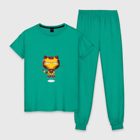 Женская пижама хлопок с принтом ironcat в Петрозаводске, 100% хлопок | брюки и футболка прямого кроя, без карманов, на брюках мягкая резинка на поясе и по низу штанин | cat | github | ironcat | ironman