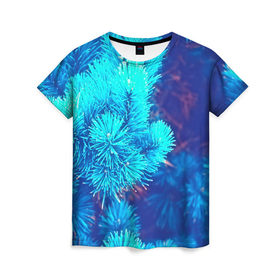 Женская футболка 3D с принтом Голубая ель в Петрозаводске, 100% полиэфир ( синтетическое хлопкоподобное полотно) | прямой крой, круглый вырез горловины, длина до линии бедер | 3d | ёлка | ель | зелёный | лес | новый год | праздник | природа | текстура | фон