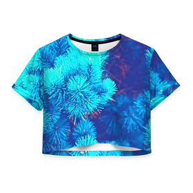 Женская футболка 3D укороченная с принтом Голубая ель в Петрозаводске, 100% полиэстер | круглая горловина, длина футболки до линии талии, рукава с отворотами | 3d | ёлка | ель | зелёный | лес | новый год | праздник | природа | текстура | фон