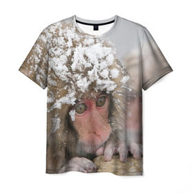 Мужская футболка 3D с принтом Обезьянка и зима в Петрозаводске, 100% полиэфир | прямой крой, круглый вырез горловины, длина до линии бедер | бабуин | гамадрил | гиббон | горилла | гуманоид | дарвин | животное | зоопарк | кинг конг | мартышка | маугли | обезьяна | орангутанг | предок | примат | рожа | хомо сапиенс | шимпанзе