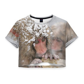 Женская футболка 3D укороченная с принтом Обезьянка и зима в Петрозаводске, 100% полиэстер | круглая горловина, длина футболки до линии талии, рукава с отворотами | бабуин | гамадрил | гиббон | горилла | гуманоид | дарвин | животное | зоопарк | кинг конг | мартышка | маугли | обезьяна | орангутанг | предок | примат | рожа | хомо сапиенс | шимпанзе