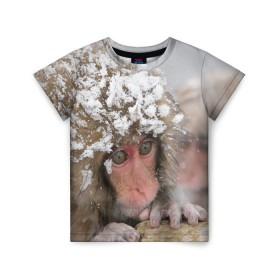 Детская футболка 3D с принтом Обезьянка и зима в Петрозаводске, 100% гипоаллергенный полиэфир | прямой крой, круглый вырез горловины, длина до линии бедер, чуть спущенное плечо, ткань немного тянется | бабуин | гамадрил | гиббон | горилла | гуманоид | дарвин | животное | зоопарк | кинг конг | мартышка | маугли | обезьяна | орангутанг | предок | примат | рожа | хомо сапиенс | шимпанзе