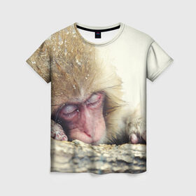 Женская футболка 3D с принтом Обезьянка спит в Петрозаводске, 100% полиэфир ( синтетическое хлопкоподобное полотно) | прямой крой, круглый вырез горловины, длина до линии бедер | бабуин | животное | обезьяна | орангутанг | примат