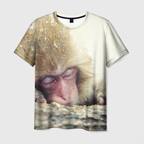 Мужская футболка 3D с принтом Обезьянка спит в Петрозаводске, 100% полиэфир | прямой крой, круглый вырез горловины, длина до линии бедер | Тематика изображения на принте: бабуин | животное | обезьяна | орангутанг | примат